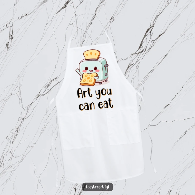 Funny apron with a cheerful toaster character creating art by toasting patterns onto bread, perfect for artistic cooking adventures.