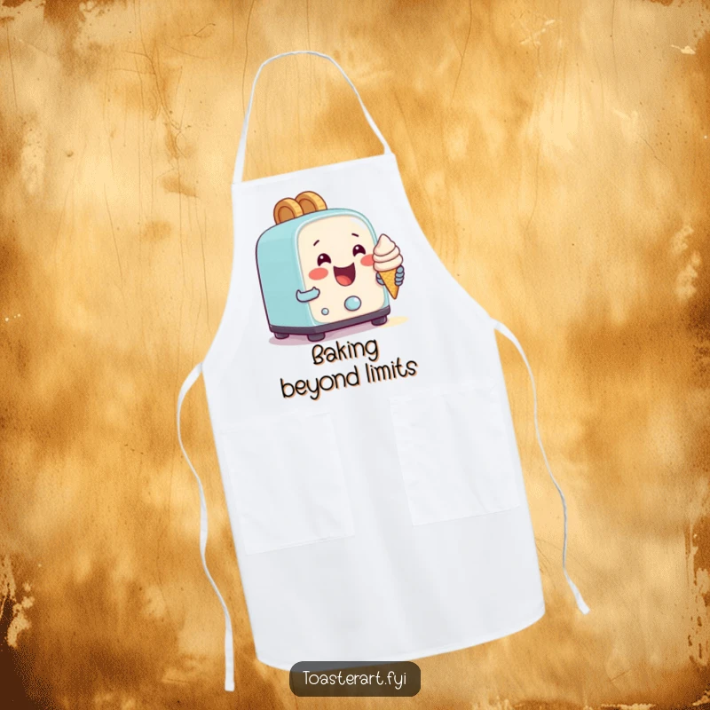 Funny apron featuring a happy toaster character gleefully attempting to bake a tiny ice cream cone, for comedic baking.