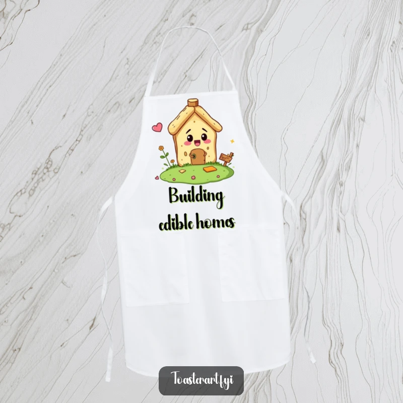 Funny apron depicting a bread crumb character comically building a miniature house, designed for kitchen creativity and protection.