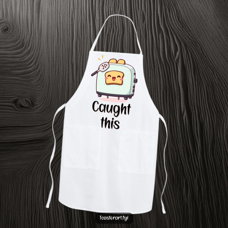 Funny apron with a toaster character comically trying to catch flying toast with a spatula, perfect for humorous cooking.