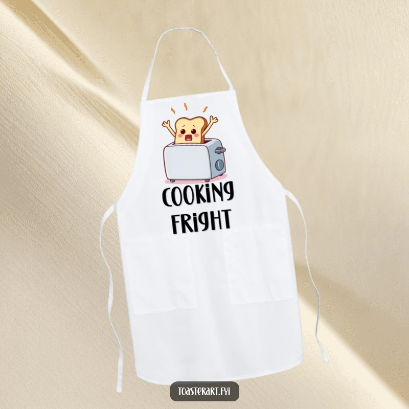 Funny apron with a scared piece of toast comically frozen mid-air from a toaster, ideal for humorous kitchen adventures.