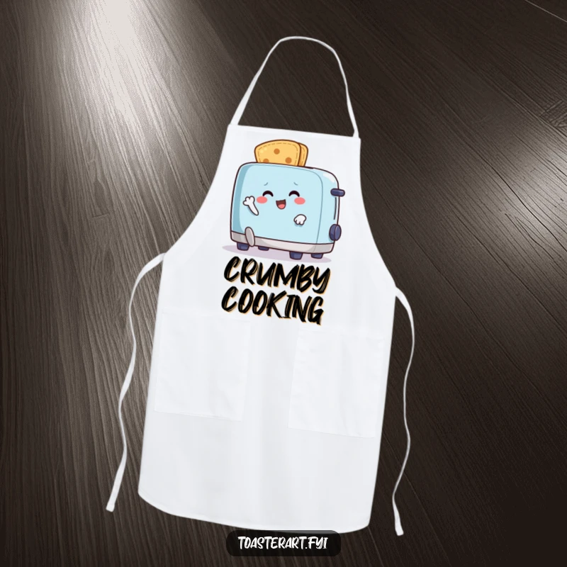 Funny apron with a happy crumb character comically running from an animated toaster, perfect for cooking with breakfast antics.