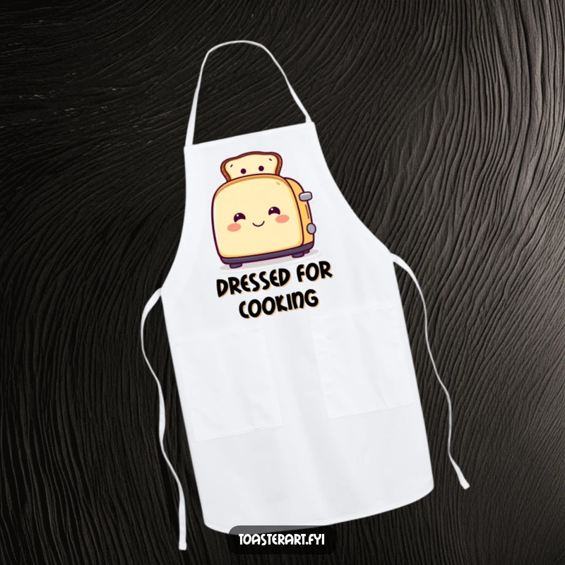 Funny apron featuring a smiling toaster character wearing toast as a hat, a stylish and humorous kitchen accessory.