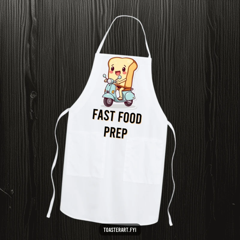Funny apron depicting a slice of toast character excitedly riding a miniature scooter, designed for kitchen adventures and protection.