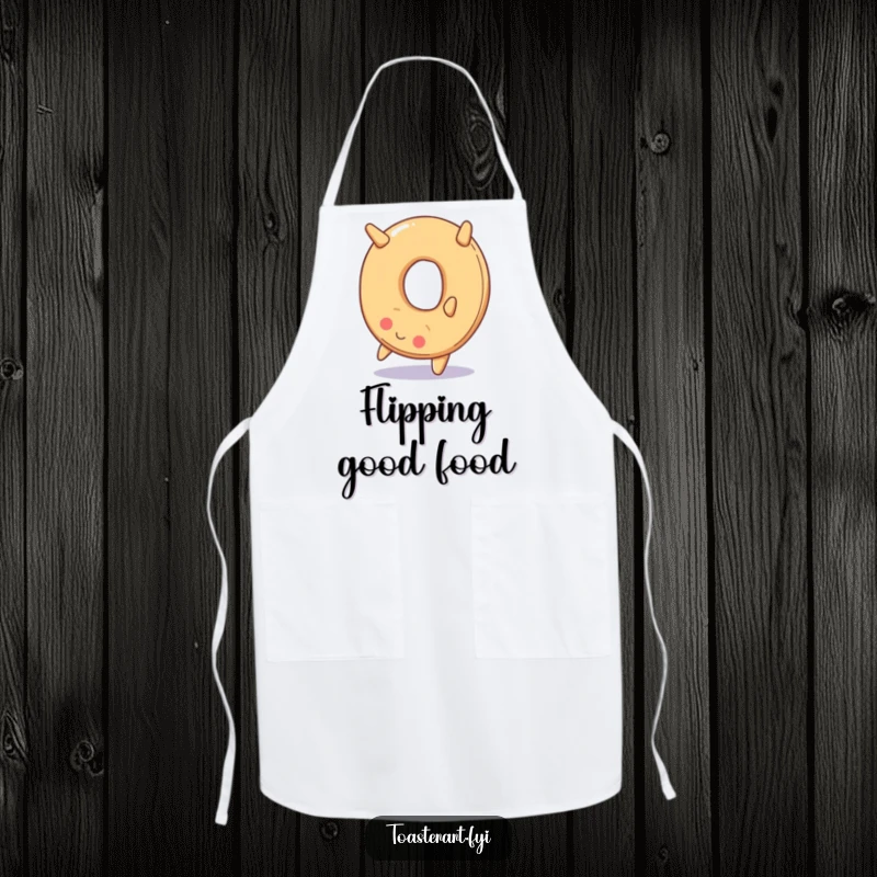 Funny apron depicting a smiling bagel doing a backward somersault, perfect for adding humor to cooking and kitchen activities.
