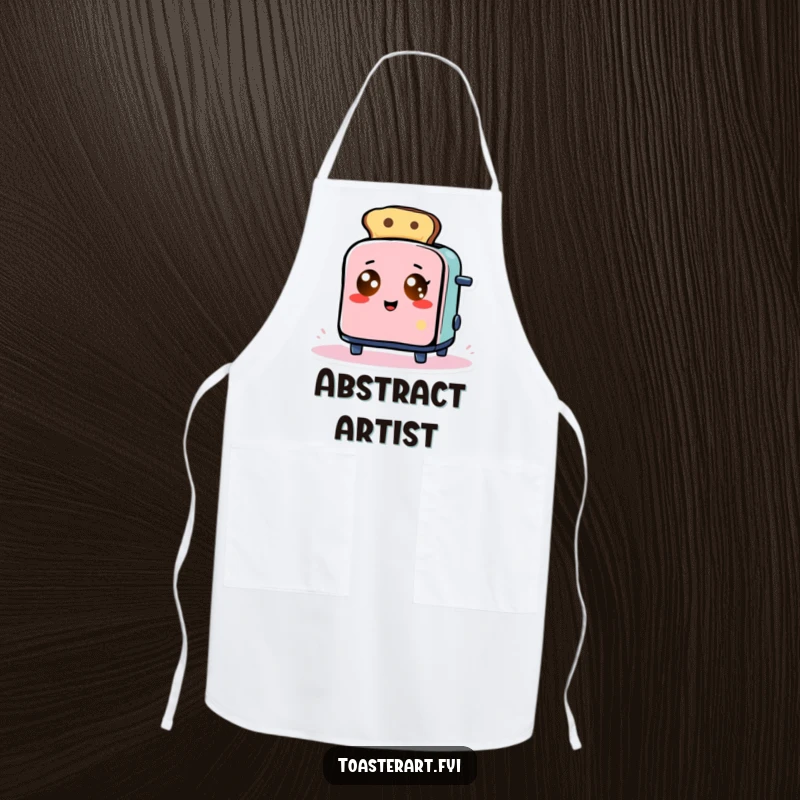 Funny Apron: Toaster with glowing eyes comically makes abstract toast art, a humorous and artistic kitchen accessory.
