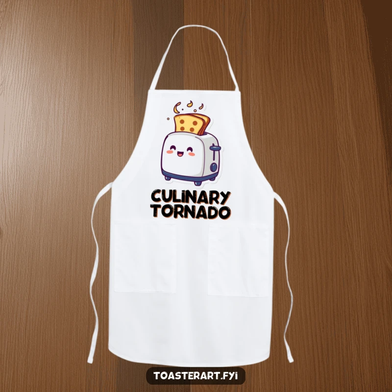 Funny artistic toaster chef apron, toast emerging in a swirl, humorous kitchen wear.