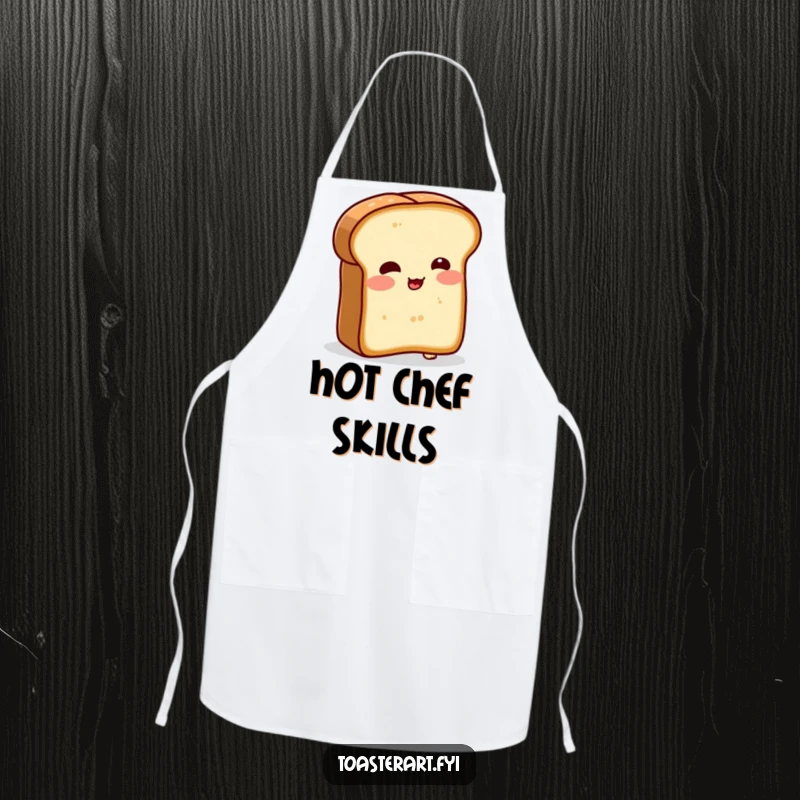 Funny apron depicting a blushing bread slice character comically attempting to toast itself. Great for kitchen use with a humorous touch.