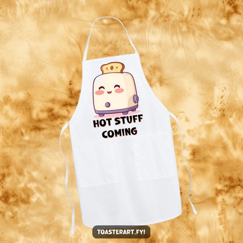 Funny blushing toaster apron, with artistic toast emerging, perfect for humorous cooking sessions.