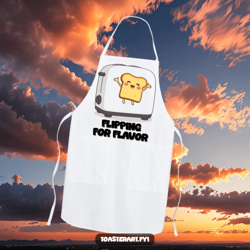 Funny apron featuring a delighted bread slice character bouncing on a toaster lever, a fun and practical kitchen accessory.