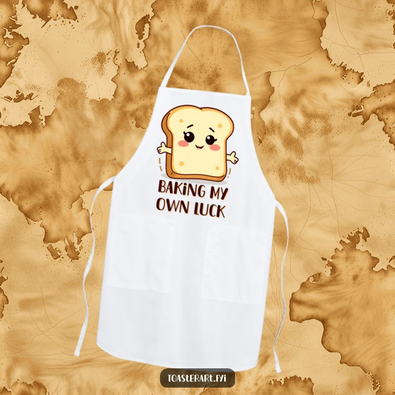 Funny bread slice apron showing a winking character riding a piece of toast, perfect for kitchen activities with a humorous breakfast theme.