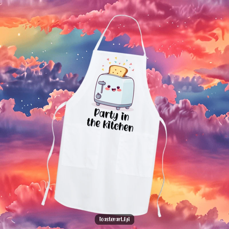 Funny apron featuring a happy toaster character ejecting toast with confetti, a festive and practical kitchen accessory.