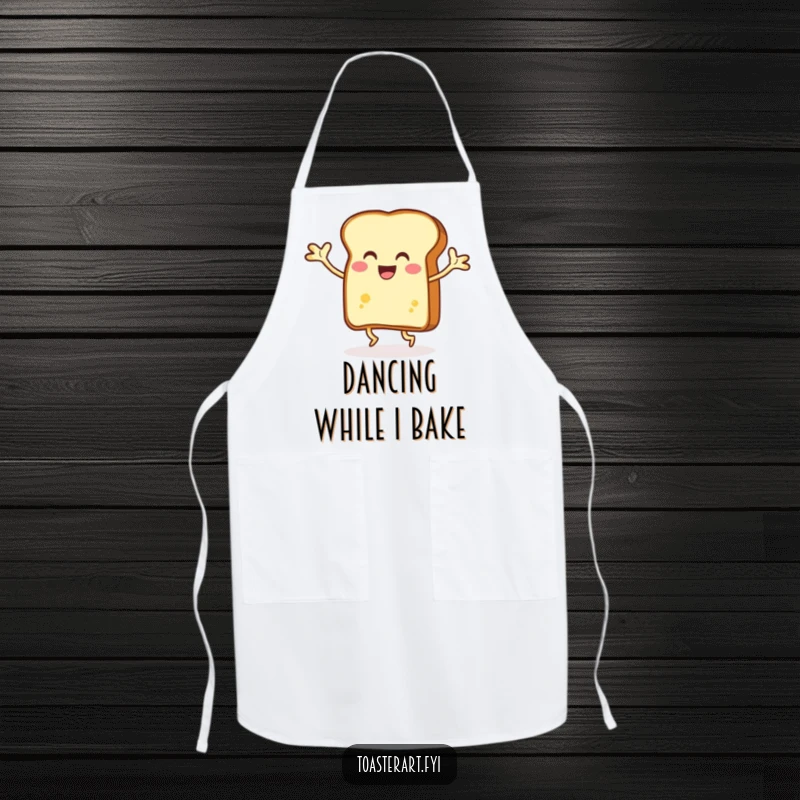 Funny slice of toast energetically dancing with buttery arms, kitchen apron design, making cooking a fun and upbeat activity.