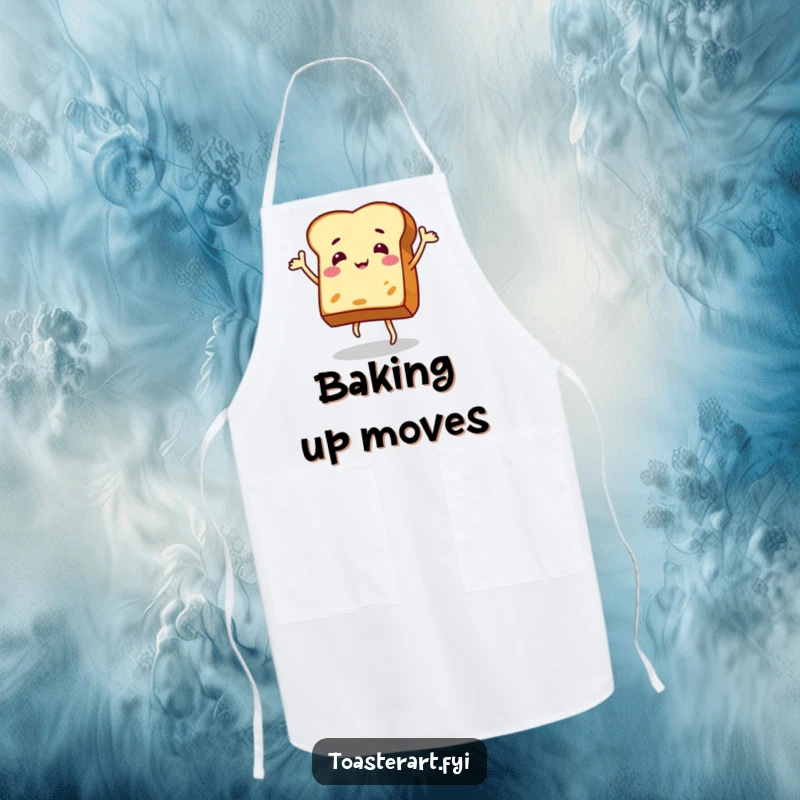 Funny apron with a jovial piece of toast character in an ecstatic dance, ready to inspire fun in the kitchen.