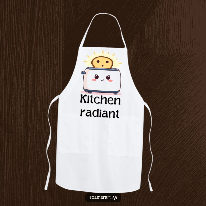 Funny apron featuring a happy toaster with toast emitting a glowing aura, adding humor to cooking.