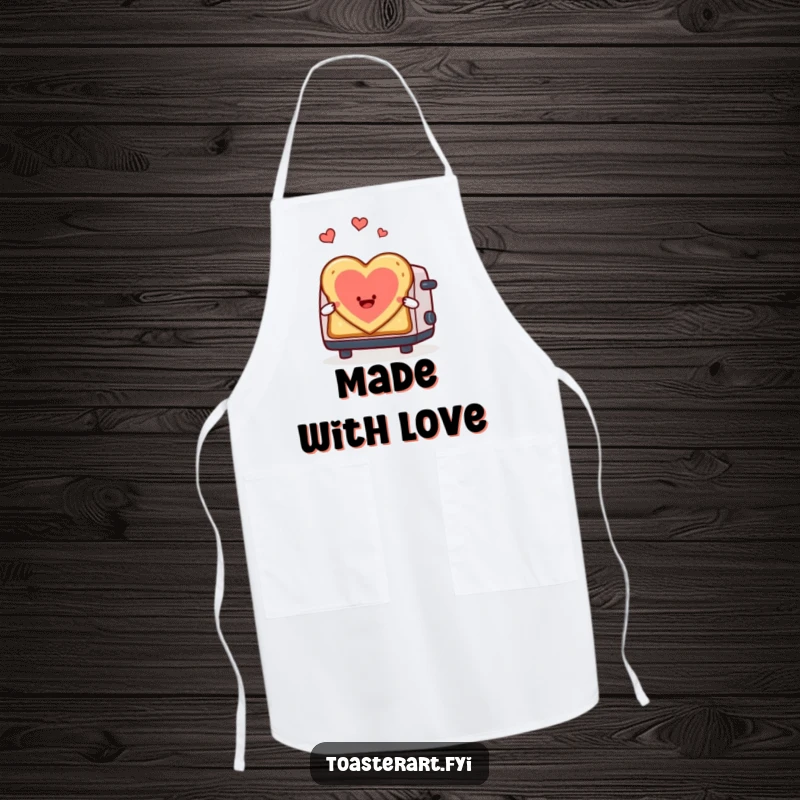Funny apron with a toaster character making heart-shaped toast art, ideal for romantic and humorous cooking sessions.