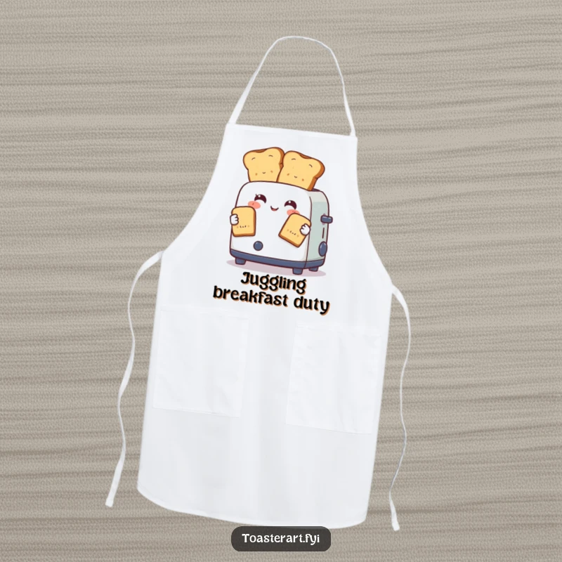 Funny apron featuring a toaster character skillfully juggling two perfectly browned toast slices, perfect for humorous kitchen activities.