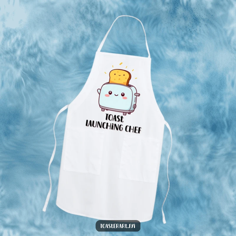 Funny kawaii toaster character launching golden toast high into the air, a humorous and functional apron.