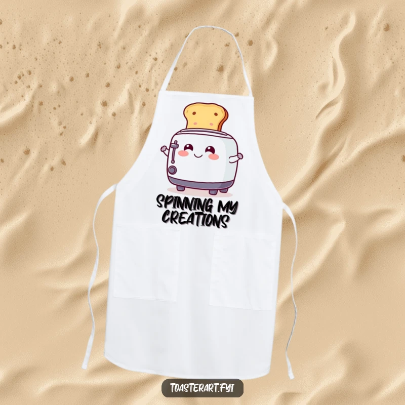 Funny Apron depicting a smiling toaster character playfully spinning toast, ready to add humor to the cooking experience.