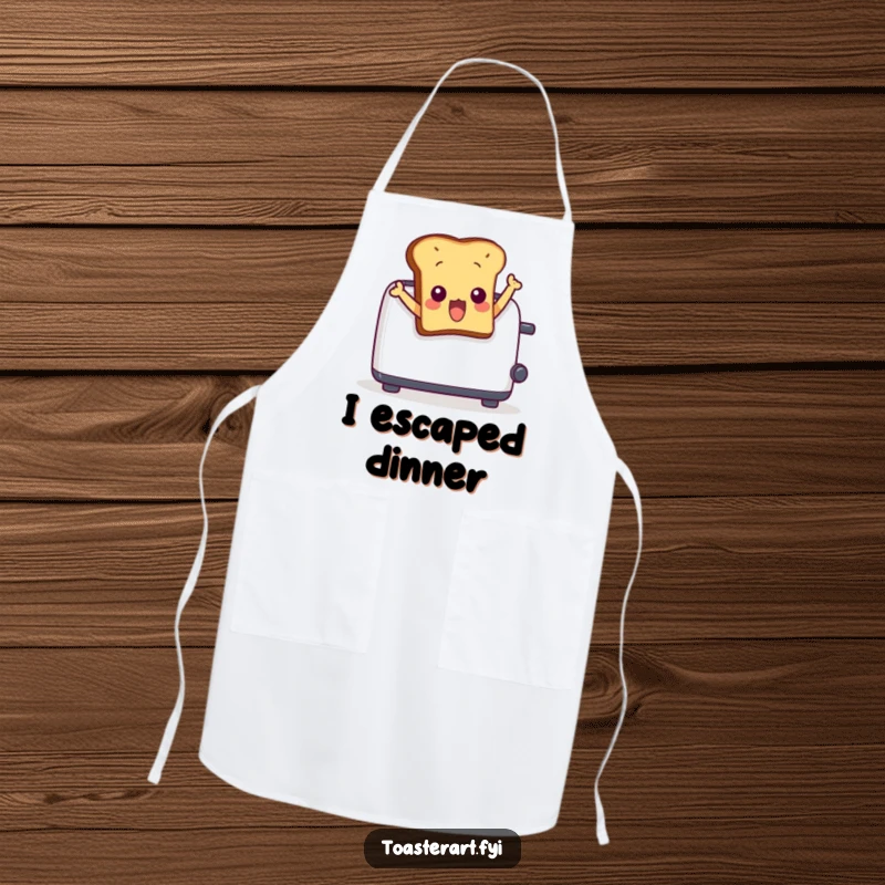 Funny apron depicting a surprised toast character comically leaping out of a toaster. Ideal for kitchen use with a humorous touch.