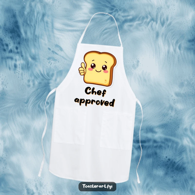 Funny apron featuring a cheerful toast character giving a thumbs up, a positive and practical kitchen accessory.