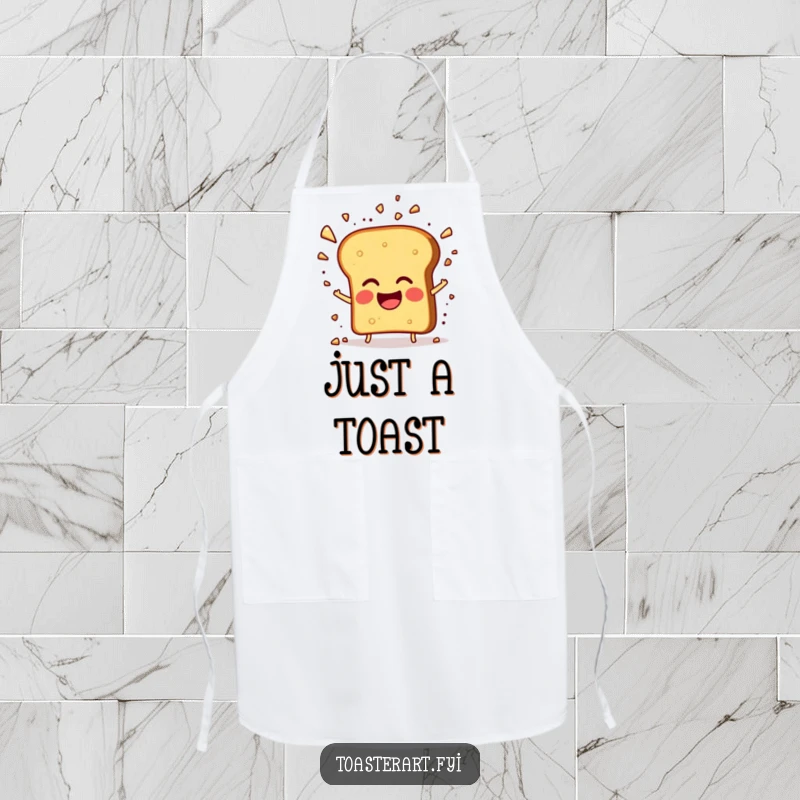 Funny apron with a giggling toast character creating a crumb explosion while cooking, a humorous kitchen essential.