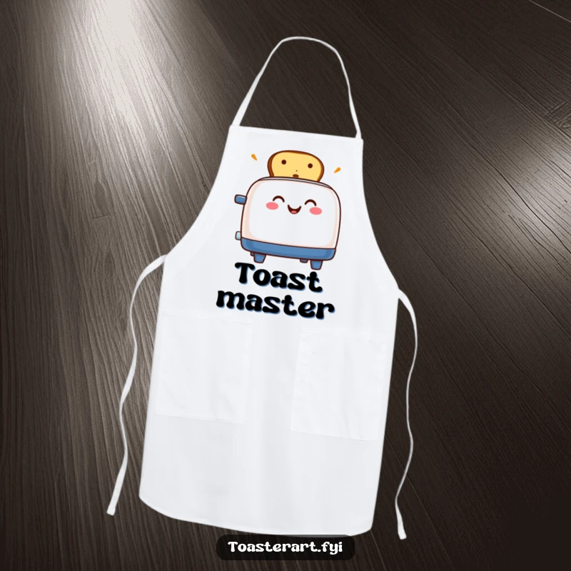 Funny apron showing a grinning toaster character excitedly popping toast, perfect for a cheerful cooking experience.