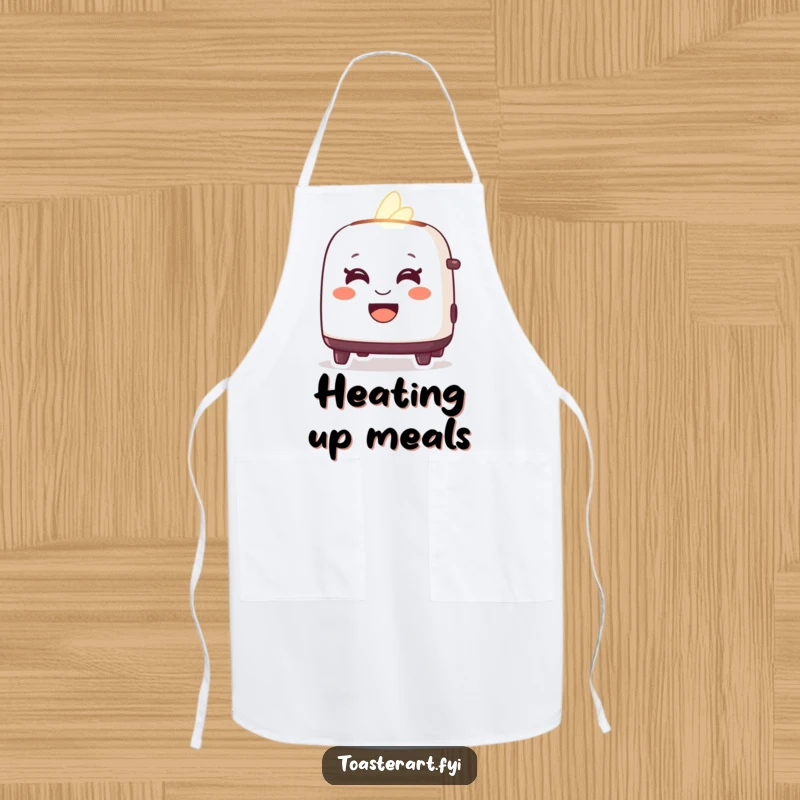 Funny apron with a delighted toaster character glowing warmly with a friendly smile, bringing warmth to cooking.