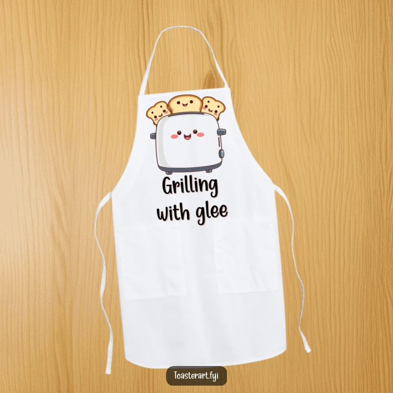 Funny apron featuring a happy toaster character popping up toast with funny faces, a humorous and spirited kitchen essential.