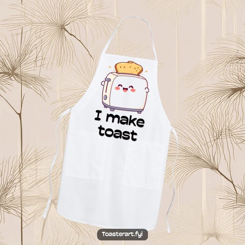 Funny apron depicting a delighted toaster character ejecting perfect toast. Ideal for kitchen use and humorous cooking sessions.