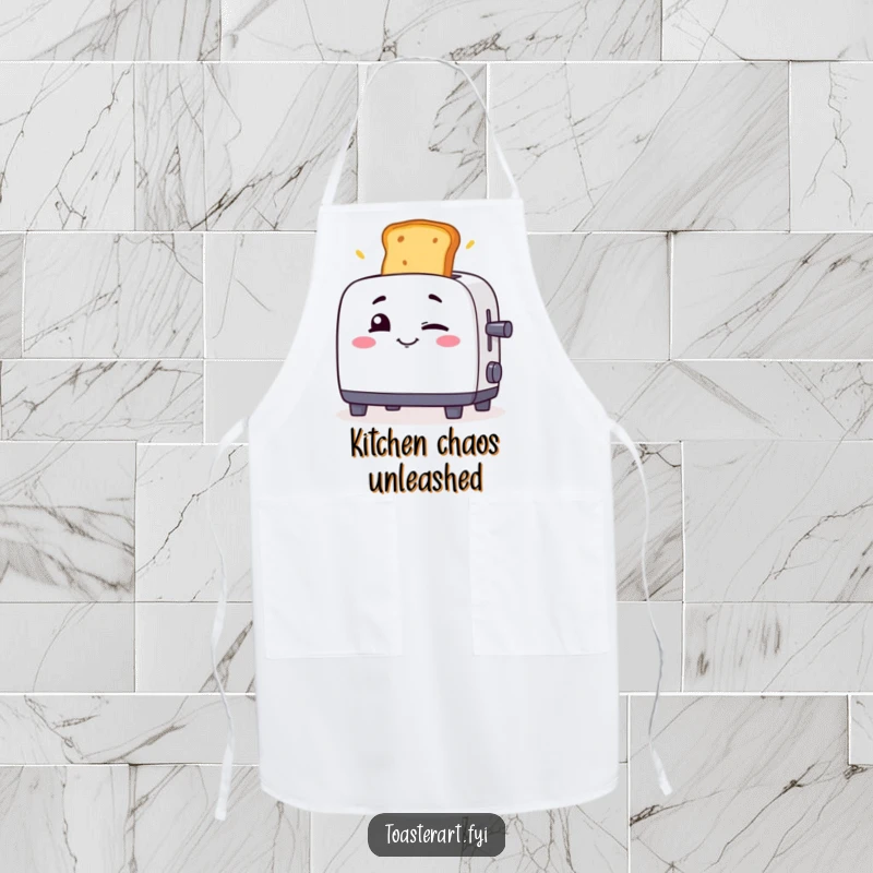Funny toaster character winking as toast flies out on a kitchen apron, a humorous and functional accessory.