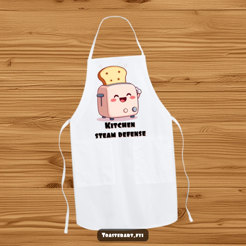 Funny apron showing a smiling toaster character fanning steam with a giant bread slice, for comedic cooking relief.
