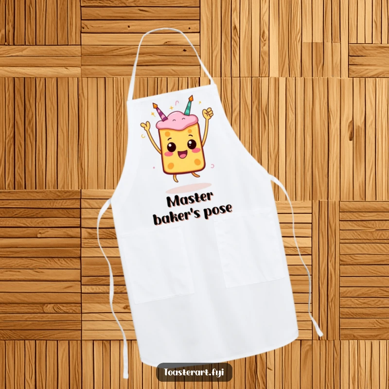 Funny toast apron showing a jumping character in a celebratory pose, perfect for kitchen activities with a festive theme.