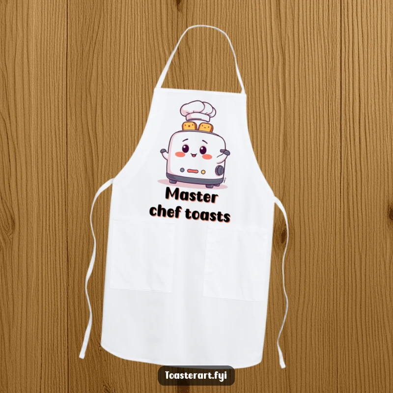 Funny Apron depicting a toaster chef in a hat, expertly juggling toast slices, ready to bring humor to the kitchen.
