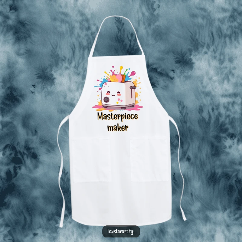 Funny apron featuring a smiling toaster artistically splattering colorful paint, adding flair to art sessions.
