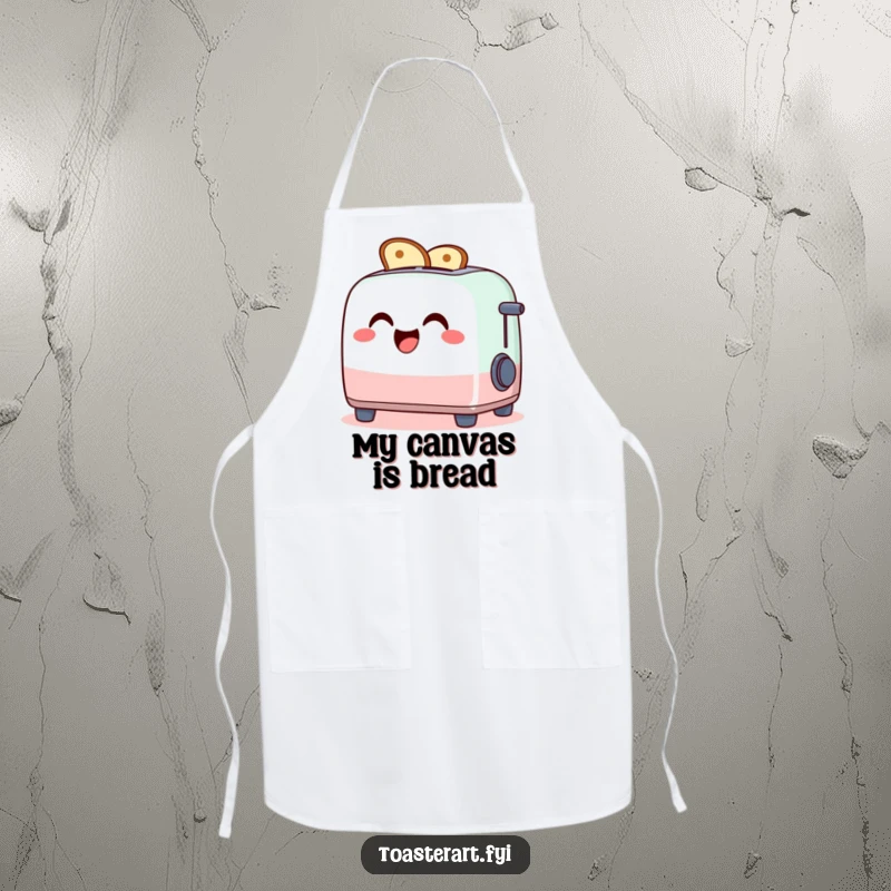 Funny apron featuring a giggling toaster character making toast art, a humorous kitchen accessory.