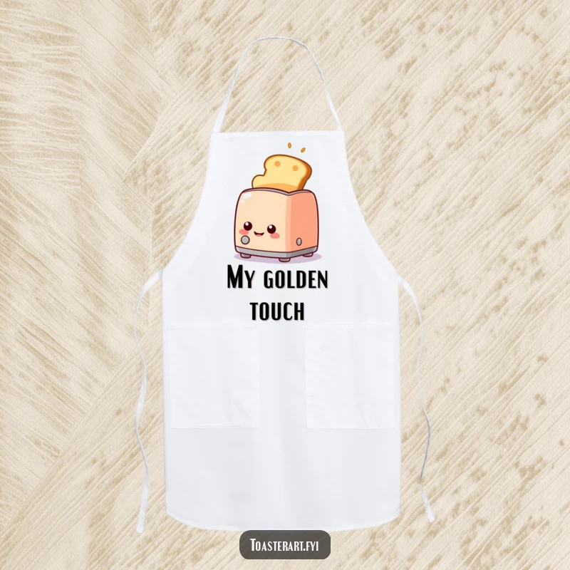Funny happy toaster character popping up golden toast with a smile, kitchen apron design, making cooking a joyous and cheerful activity.