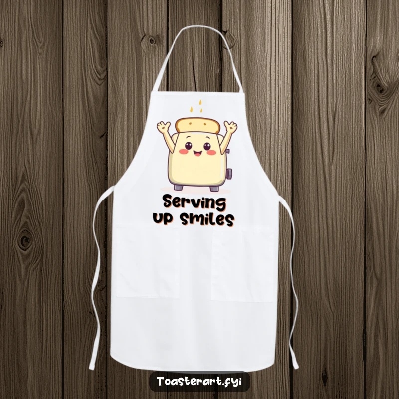 Funny toaster character waving with toast arms on a kitchen apron, a humorous and functional accessory.