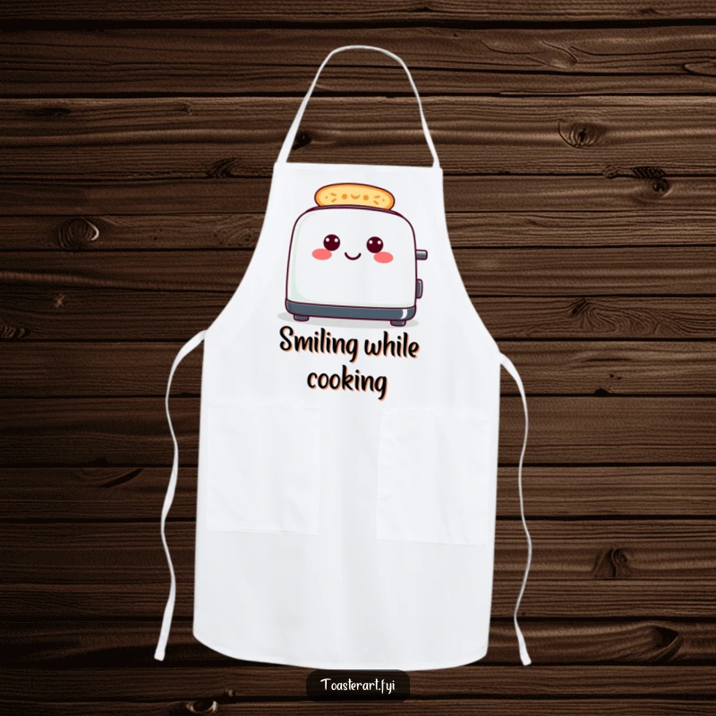 Funny cheerful toaster chef apron, making smiley toast patterns, humorous kitchen wear.