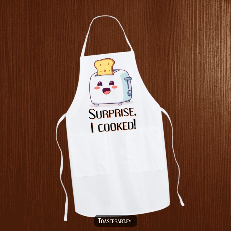 Funny Apron: Cheerful toaster character ejecting toast with a surprised expression, adds humor to cooking.
