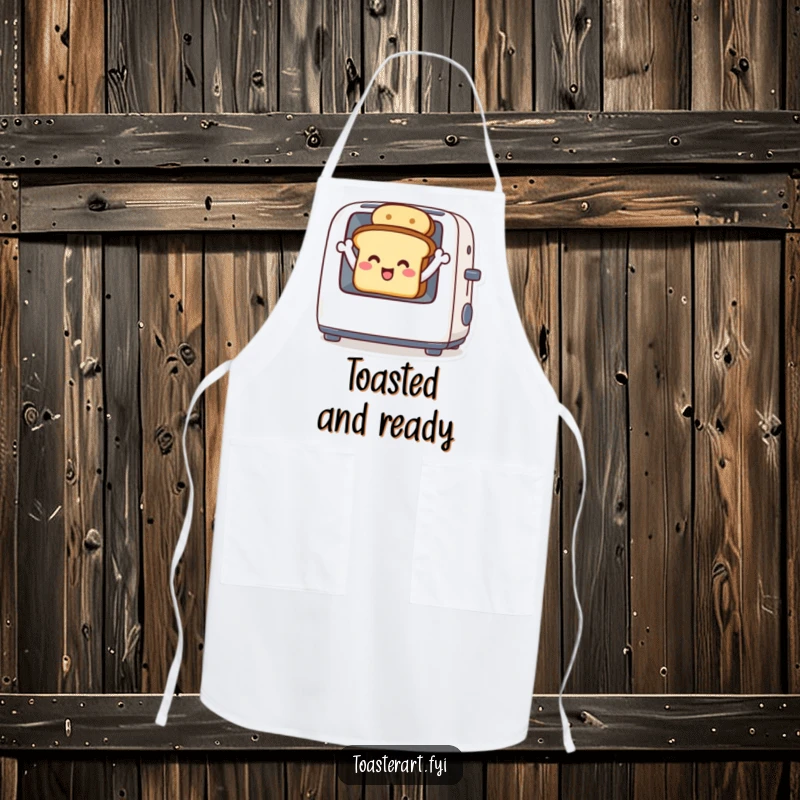 Funny apron with a delighted toast character waving from inside a toaster, a cheerful kitchen essential.