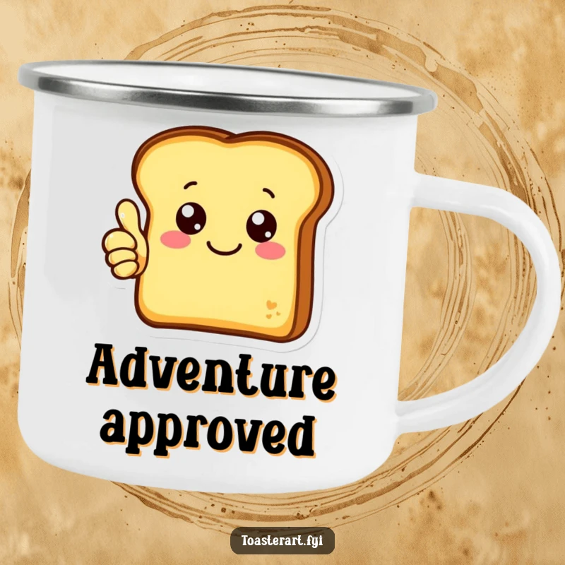 Funny camping mug featuring a cheerful toast character giving a thumbs up, perfect for adding positive humor to outdoor trips.