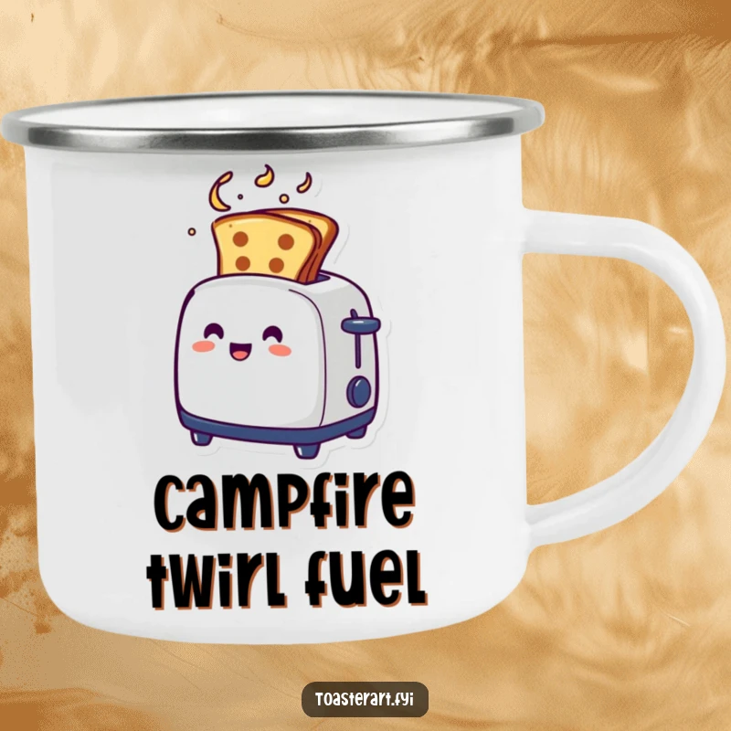 Funny artistic toaster camping mug, toast emerging in a swirl, humorous outdoor essential.