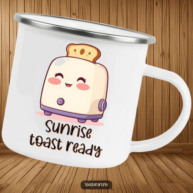 Funny blushing toaster camping mug, featuring artistic toast emerging, durable and humorous for outdoor use.