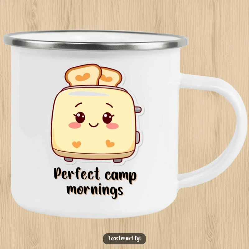 Funny smiling toaster camping mug, with perfectly patterned toast, humorous outdoor essential.