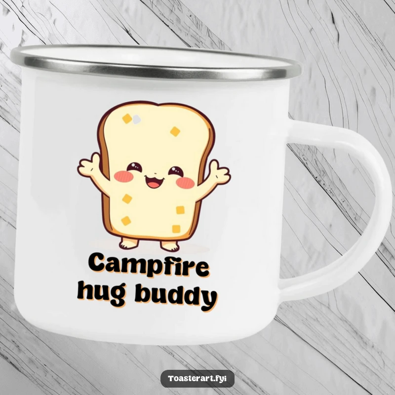 Funny Camping Mug: A toast character offers a warm hug, perfect for chilly mornings in the wild.