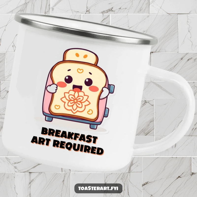 Funny camping mug featuring a cheerful toaster character creating designs on toast, ideal for humorous outdoor adventures.