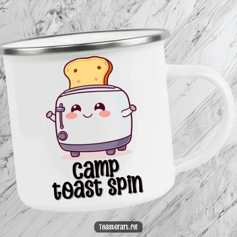 Funny Camping Mug showing a cheerful toaster character spinning toast, ready for outdoor enjoyment and playful sips.