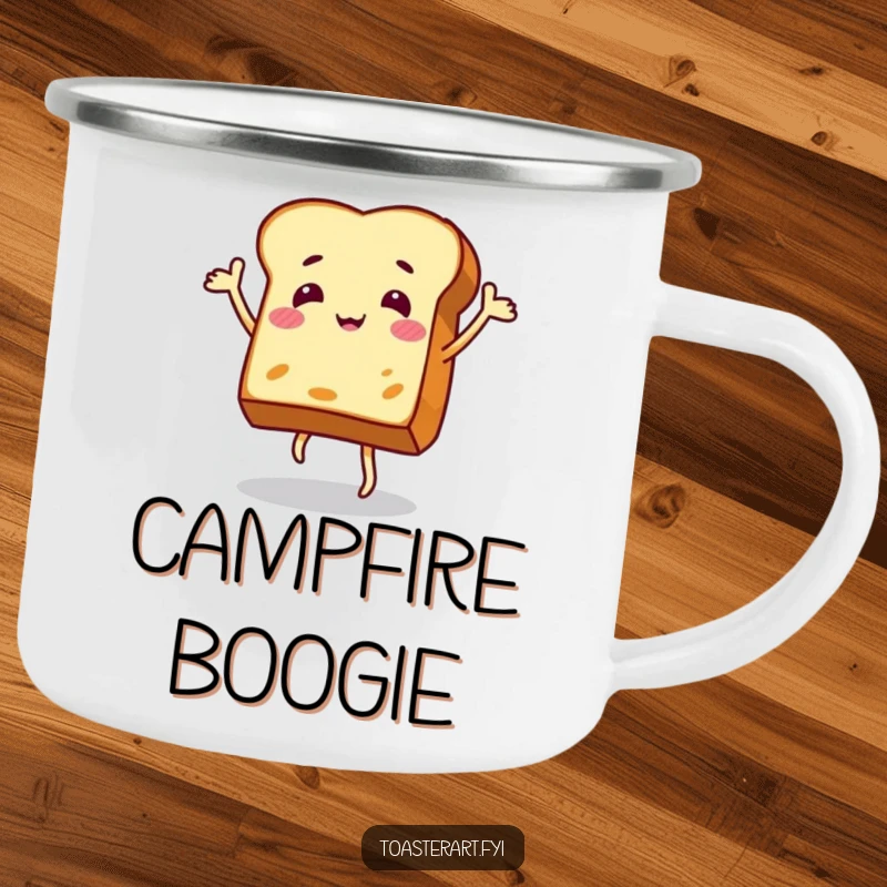 Funny camping mug with a jovial toast slice dancing, ready to hold your favorite beverage on any adventure.