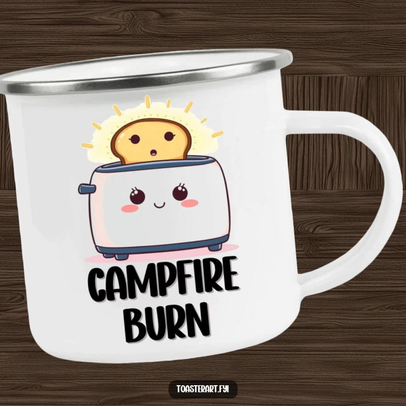 Funny camping mug showing a happy toaster with toast creating a glowing aura, perfect for outdoor brews.